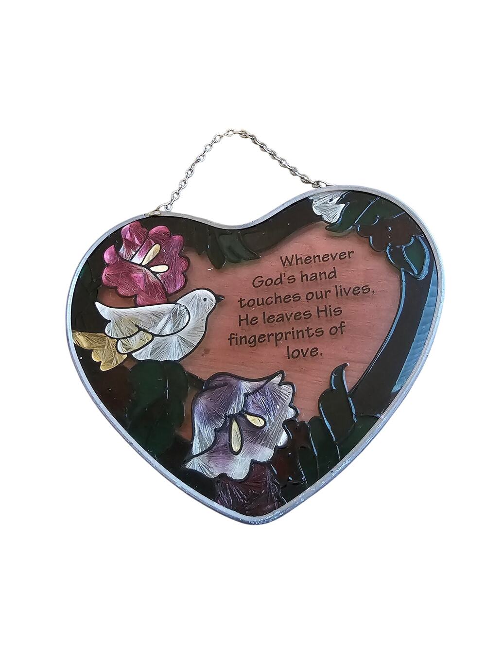 Joan Baker Designs Heart Suncatcher Vintage Stained Glass Hand Painted Flower